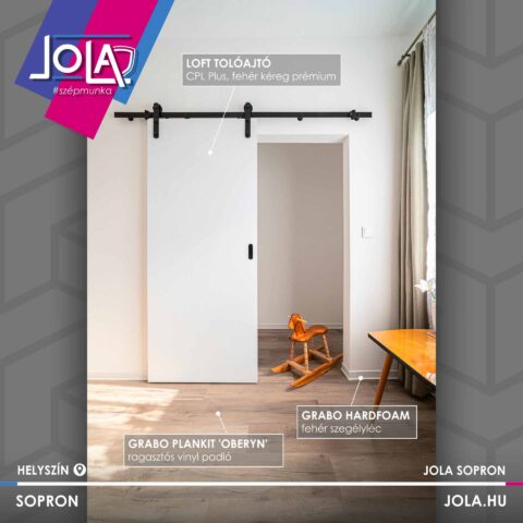 Loft tolóajtó CPL Plus fehér kéreg és Grabo PlankIT vinyl padló Sopron